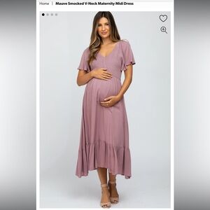 Pinkblush Mauve Smocked V-Neck Maternity Midi Dress S